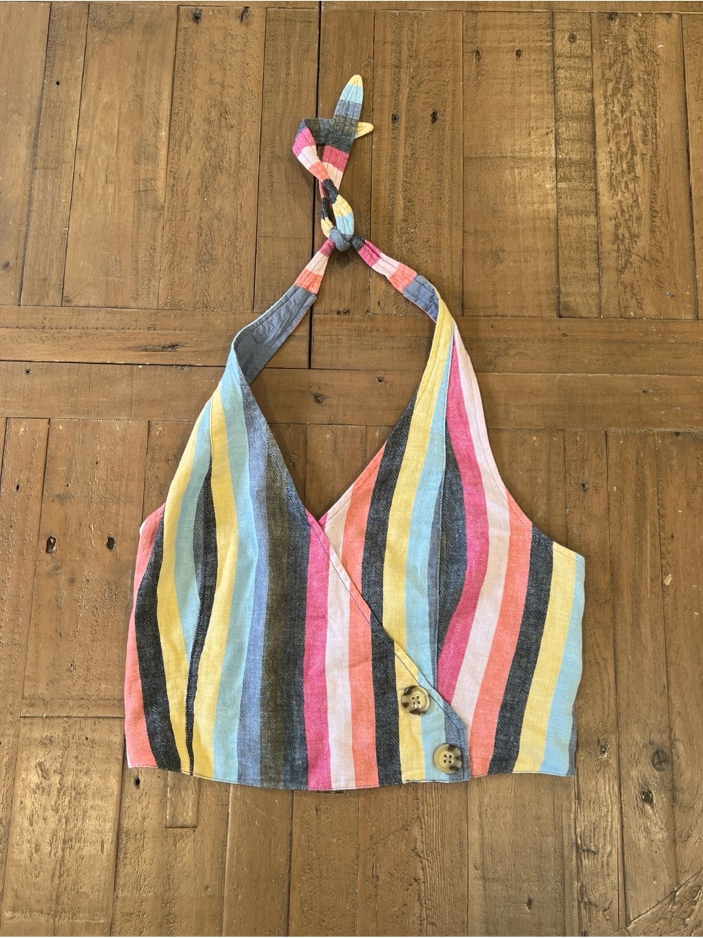 Abercrombie & Fitch Colorful Stripe Halter Top Medium Y2K Linen Button V-neck